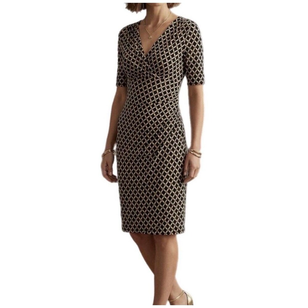 Lauren Ralph Lauren Dress Size 14 Geometric Faux Wrap Stretch Sleeveless V Neck